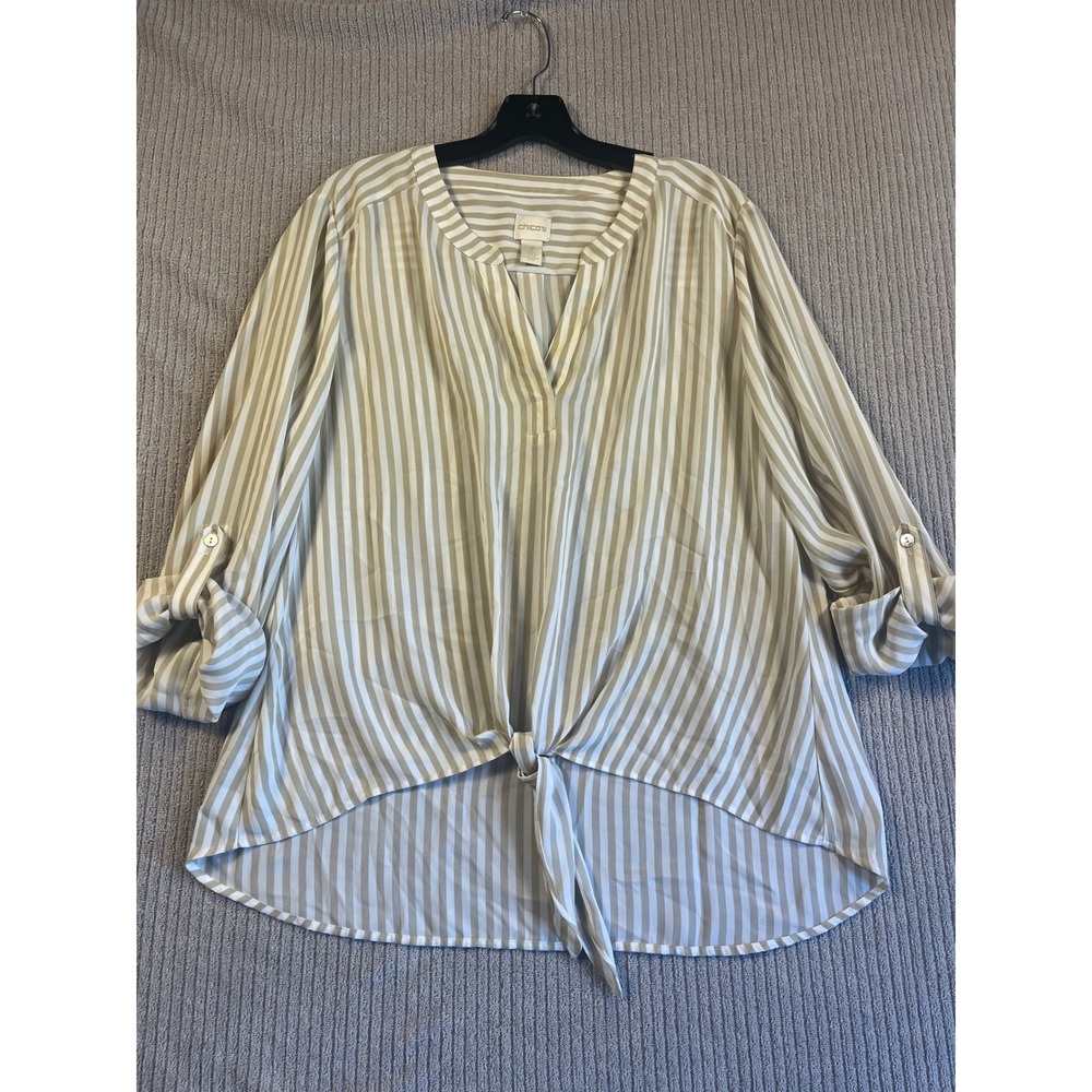 Chicos Top 2 Striped Flowy Tie Front Blouse Beige White V-Neck Roll Tab Sleeve